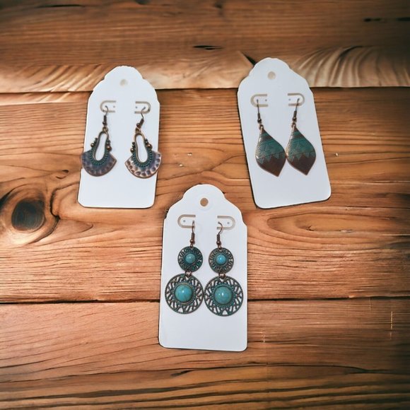 NEW - Lot of 3 Turquoise & Copper Color Metal Earrings boho dangle - Picture 1 of 8